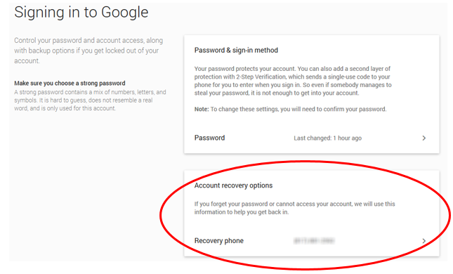 google password recovery help phone number